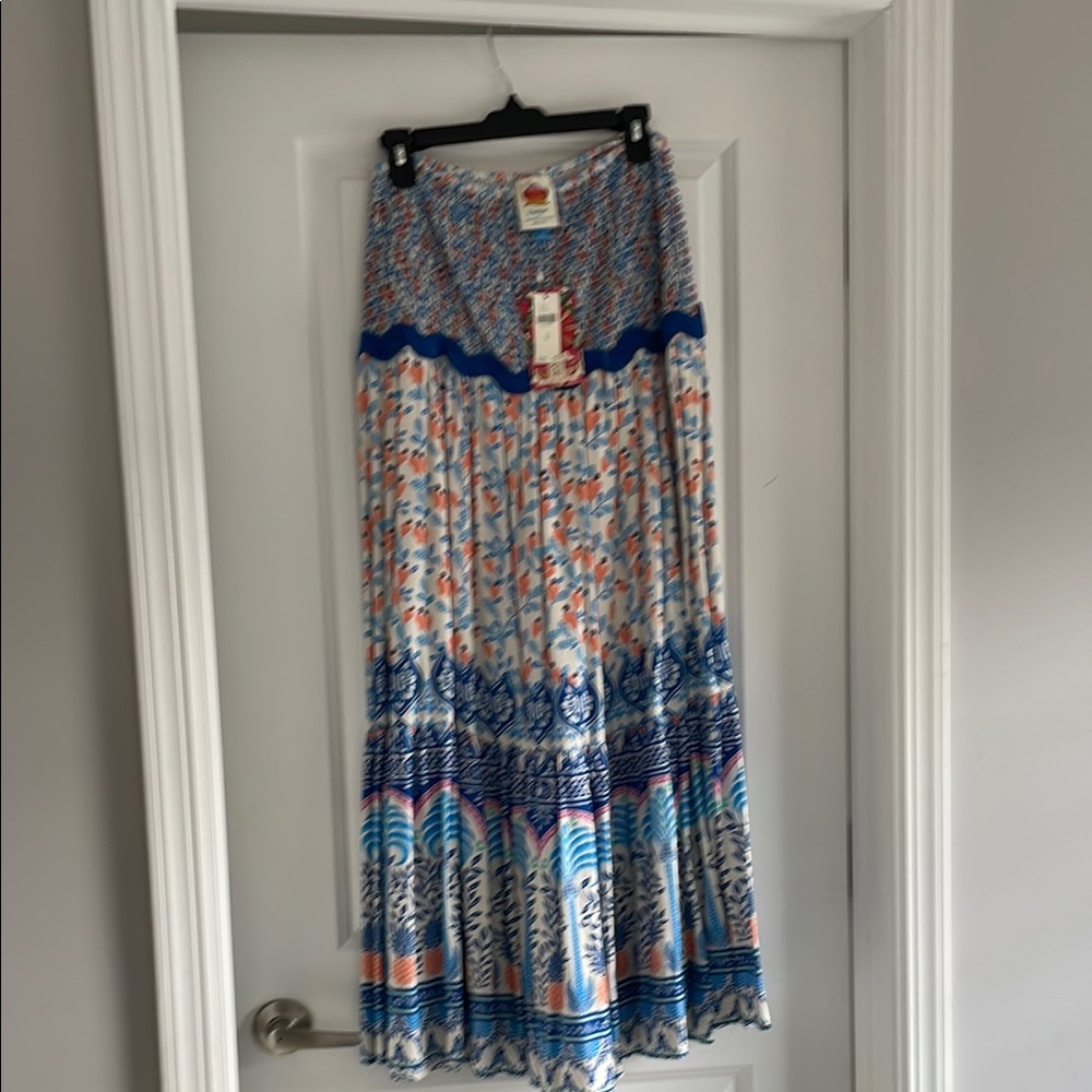 Farm Rio Blue and Orange Pleated Tiered Maxi Skirt